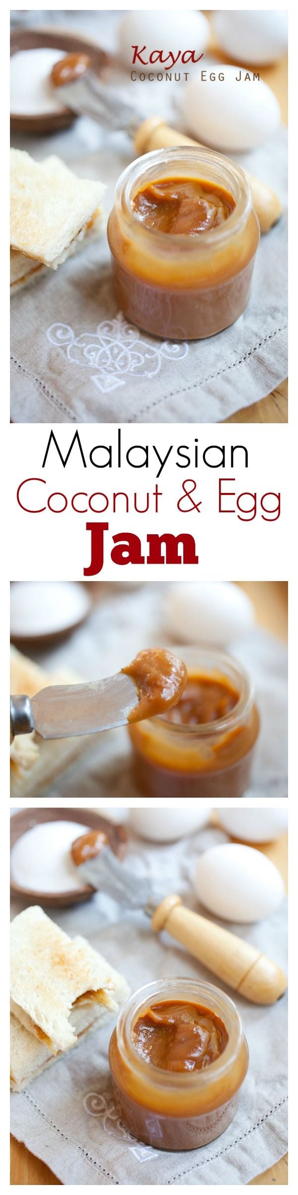Kaya is a delicious Malaysian jam made with coconut, eggs and caramel. Rich and aromatic jam which is perfect for toast and a cup of coffee | rasamalaysia.com
