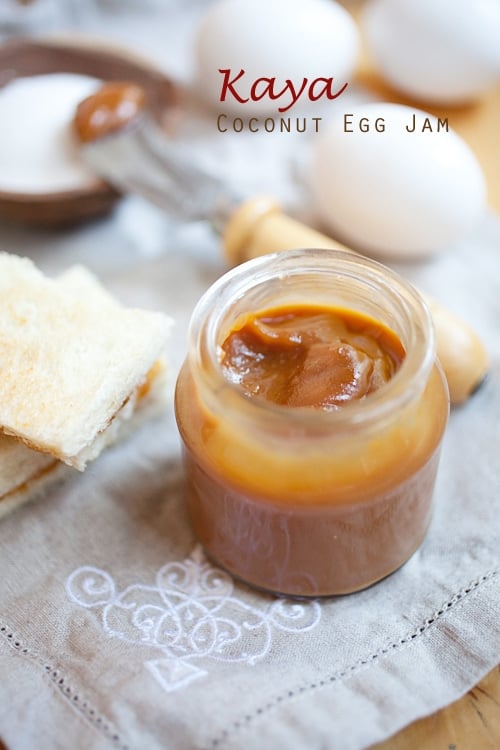 Malaysian traditional kaya jam made with coconut, eggs and caramel in a mason jar.