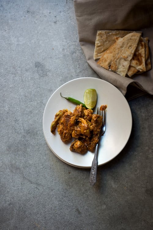 Top down view of authentic Indian chicken vindaloo in a bowl, ready to serve.