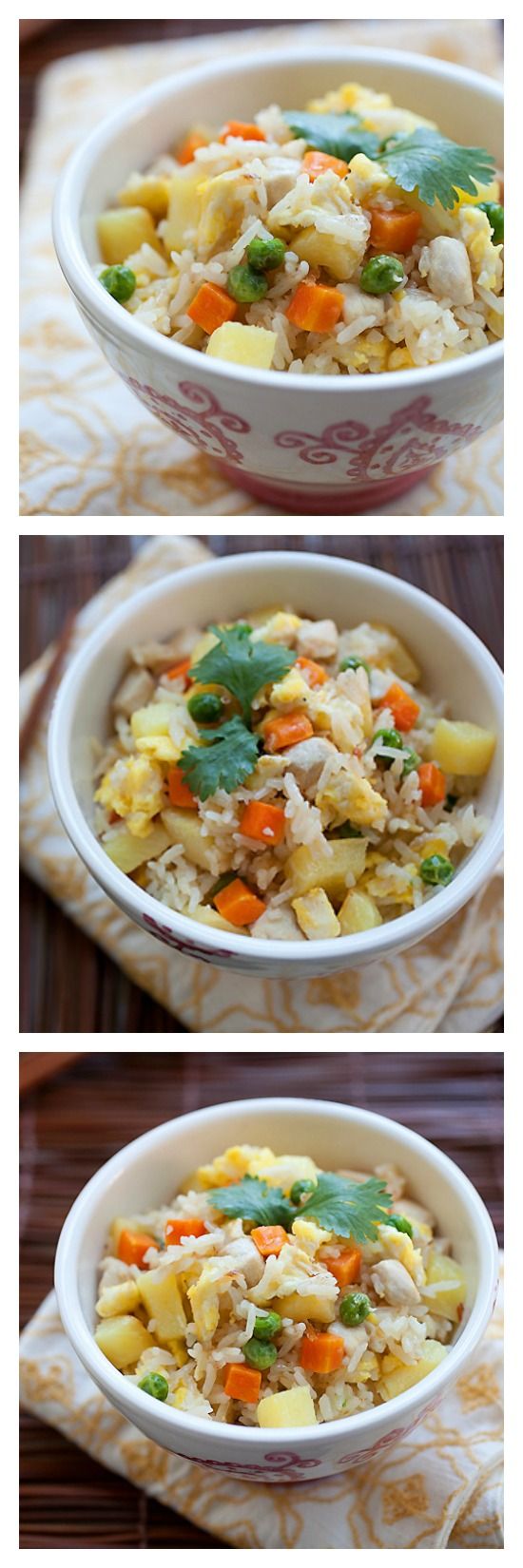 Chicken and Pineapple Fried Rice - denne thailandske inspirerede stegte risopskrift er lækker, hurtig, nem og tager 20 minutter. En god opskrift til familien! | rasamalaysia.com