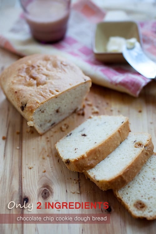 Easy chocolate chip cookie dough bread loaf, sliced in pieces.