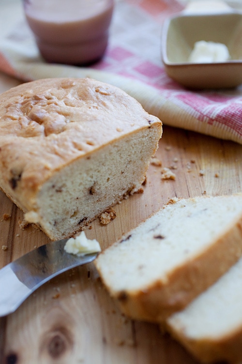 2-ingredient chocolate chip cookie dough bread loaf made with ice cream and self raising flour.