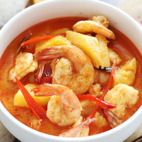 Thai pineapple curry served in a bowl.