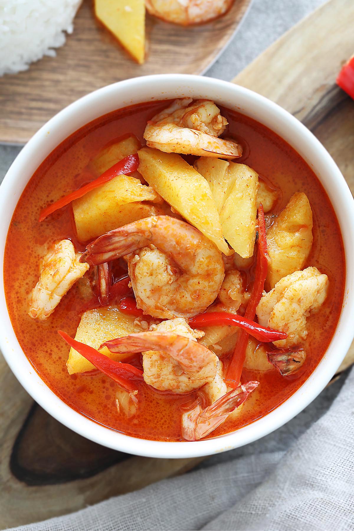 Pineapple curry with shrimp, pineapples in red curry sauce. 