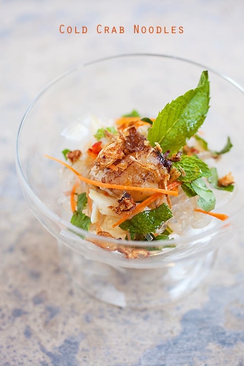 Easy and delicious cold crab noodles starter served in a dessert bowl.