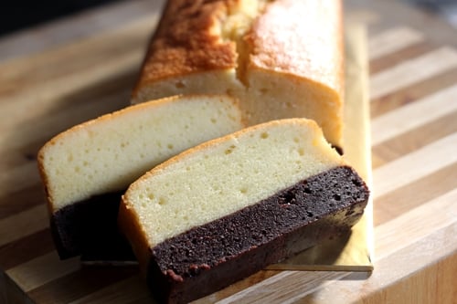 Easy and delicious thick brownie and rich butter cake loaf.