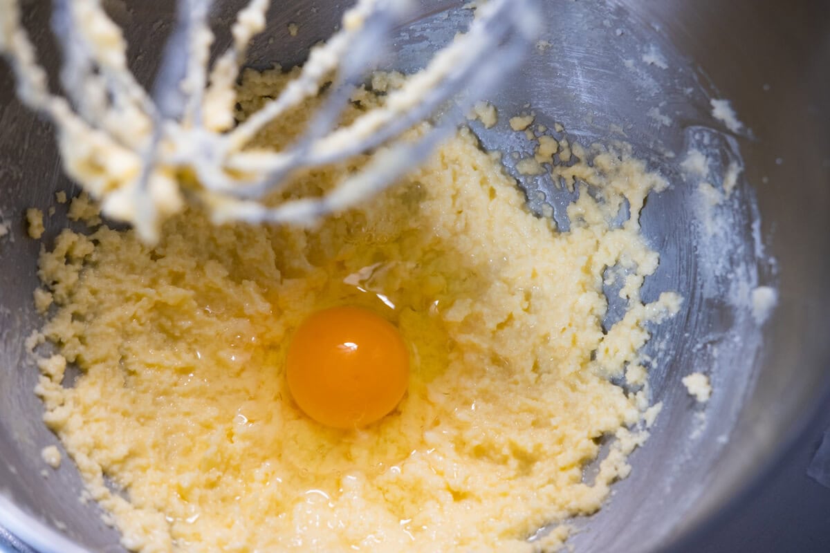 Creamed butter and egg in a stand mixer.