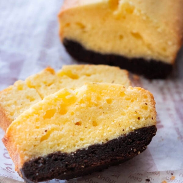 Brownie butter cake recipe with a layer of chocolate brownies.