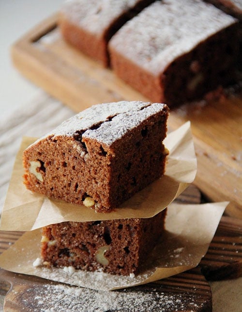 Rich, moist and delicious chocolate chip cake brownies, staked together.