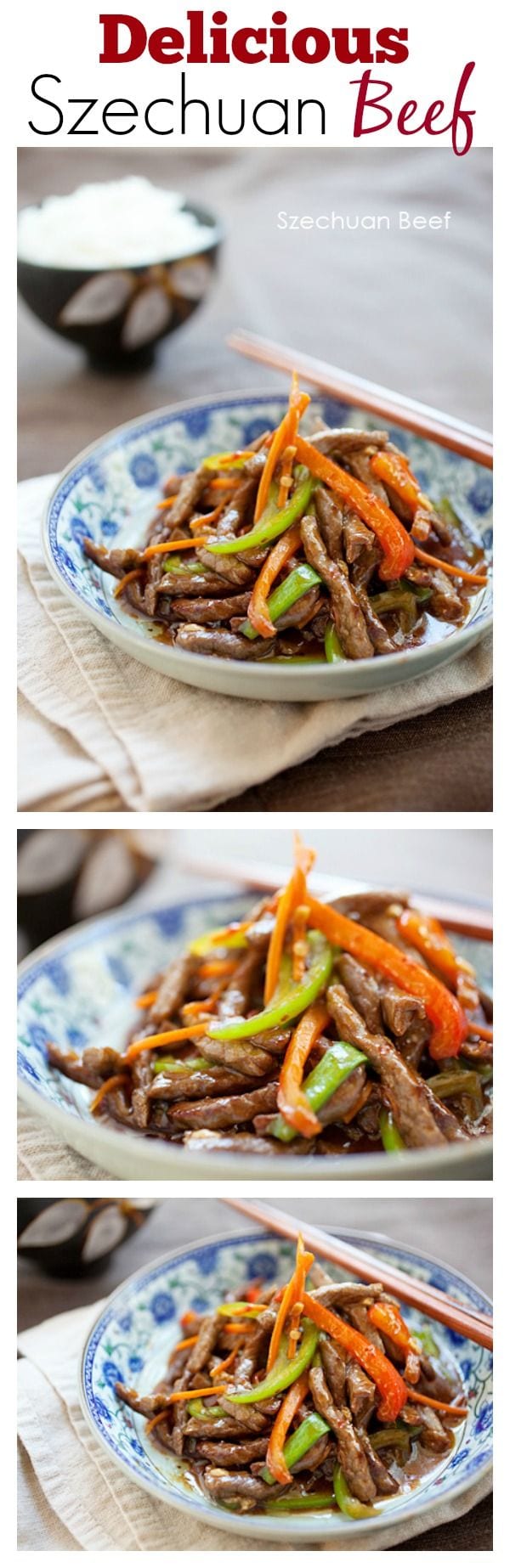 Szechuan Beef - easy and delicious beef stir-fried with red and green bell peppers, in a mildy spicy savory sauce, so yummy! | rasamalaysia.com