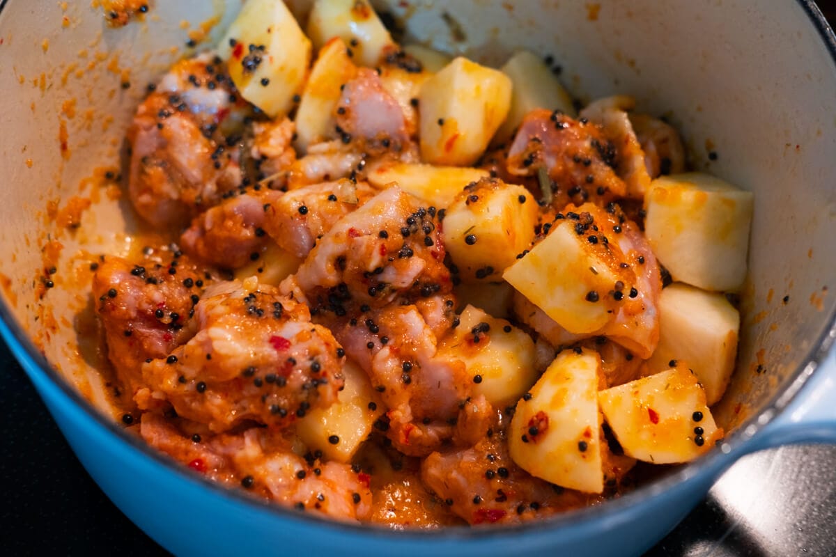 Add the chicken and potatoes to the Dutch oven. 