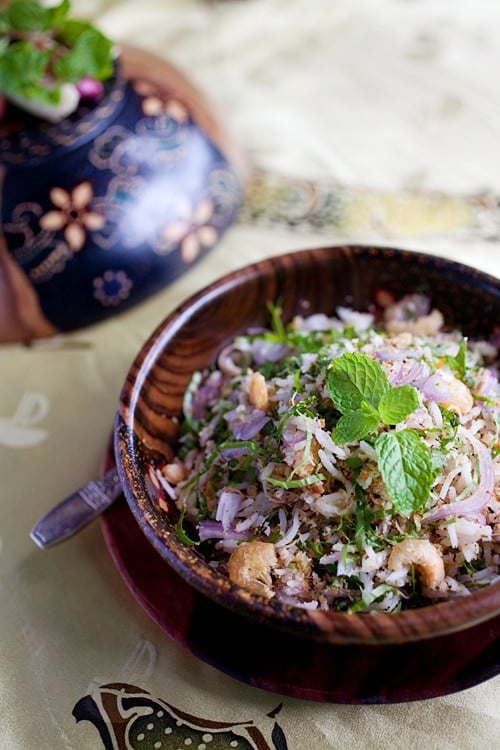 Healthy homemade nasi ulam made with herbs, ready to serve.