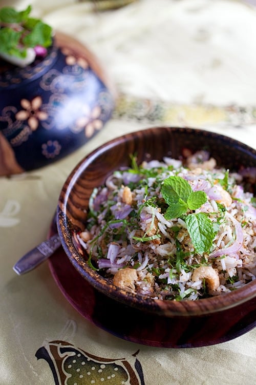 Easy authentic nyonya nasi ulam rice side dish served in a plate.