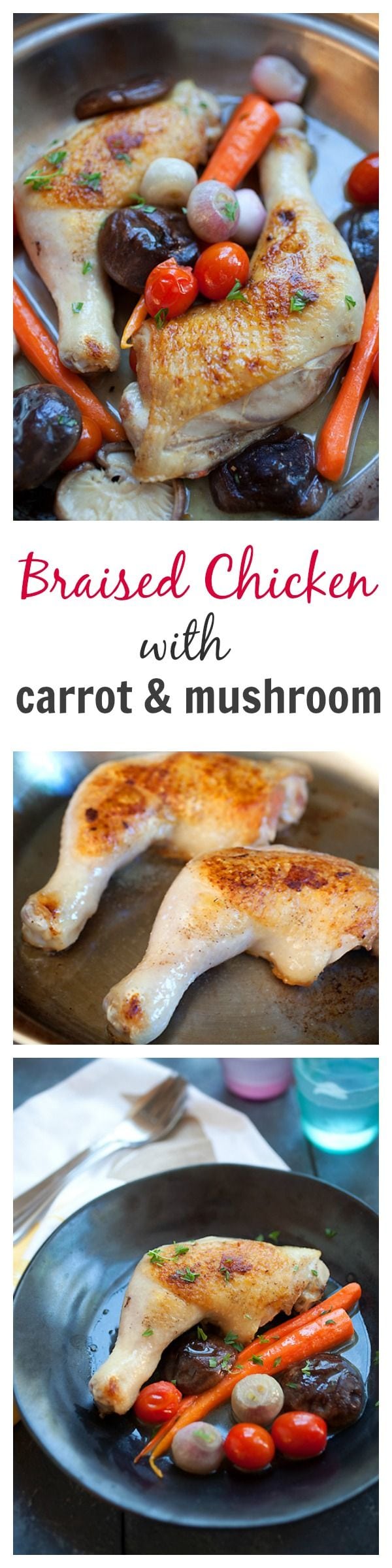 Braised chicken with carrot and mushroom. Easy braised chicken recipe. Pan fry chicken and braised on low heat for this easy braised chicken recipe | rasamalaysia.com