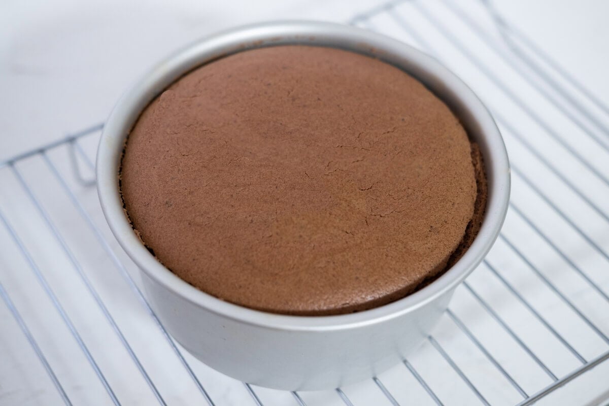 Chocolate Japanese Cheesecake Souffle in a baking tin on a cooling rack.