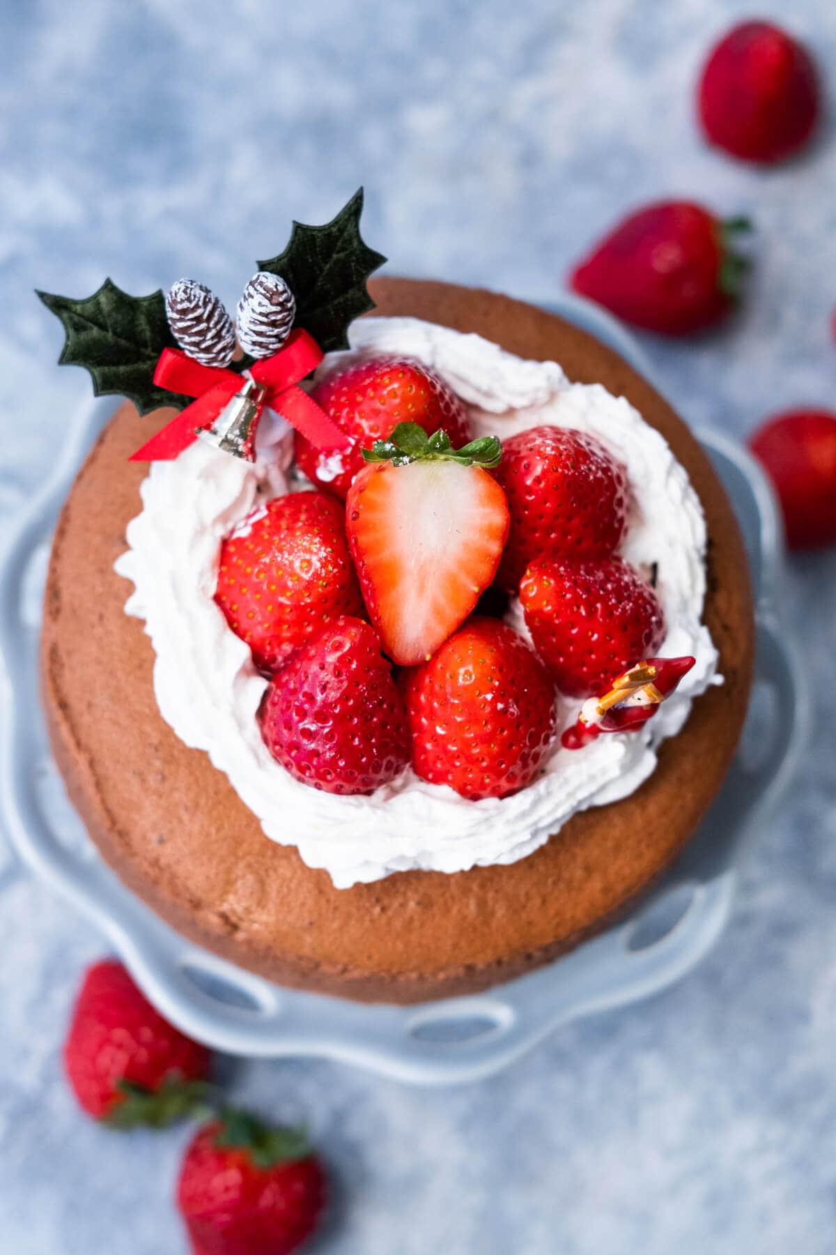 Japanese Chocolate Cheesecake topped with whipped cream and strawberries.