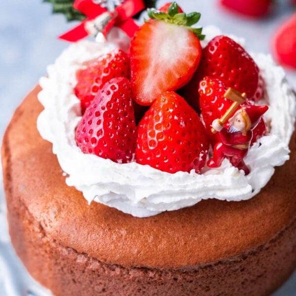 Chocolate Japanese Cotton Cheesecake decorated with Christmas toppings.