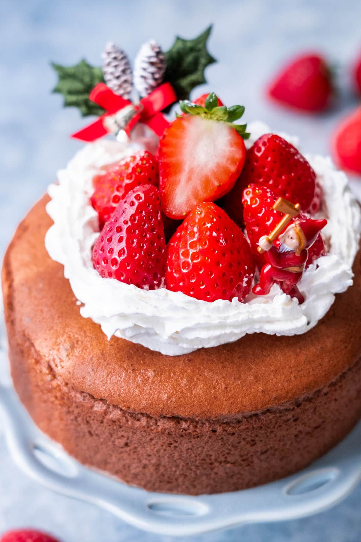 Chocolate Japanese Cotton Cheesecake decorated with Christmas toppings.