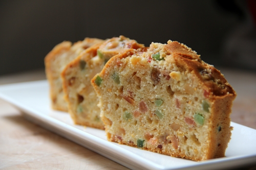 Tasty homemade Irish mixed fruits tea bread in slices served in a plate.