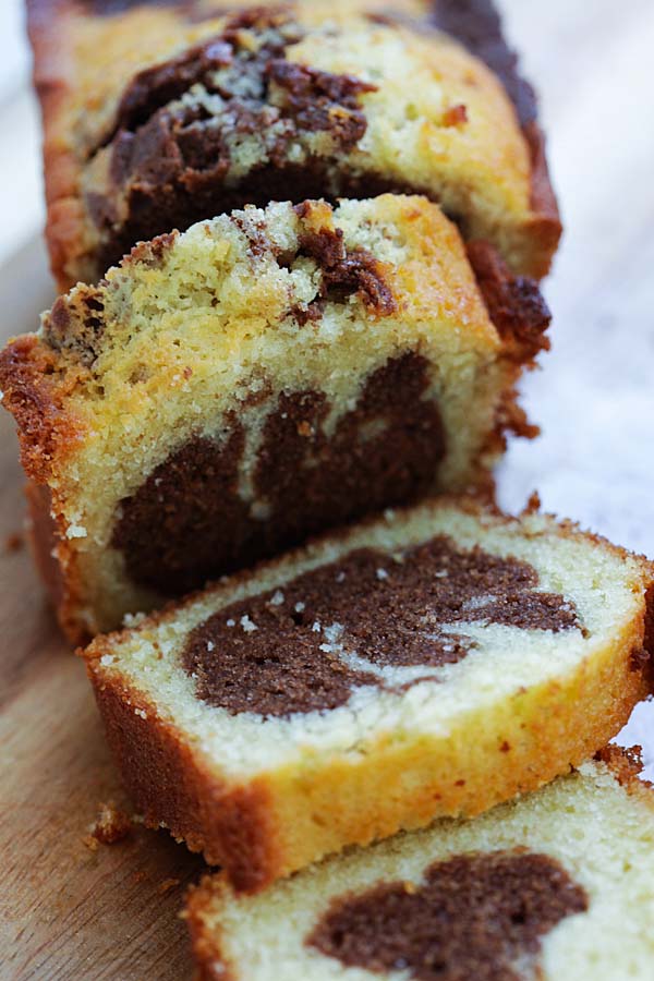 Moist marble cake, sliced into pieces.