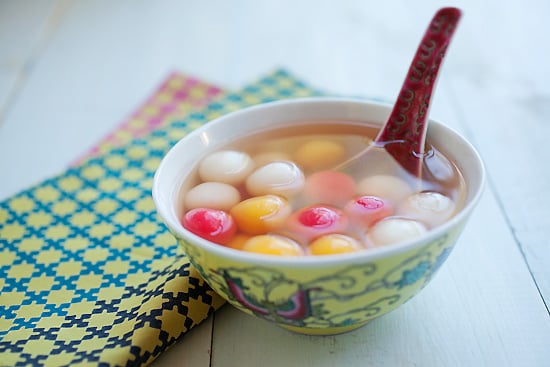 Homemade Chinese festive colorful sweet dumpling dessert served in a bowl.