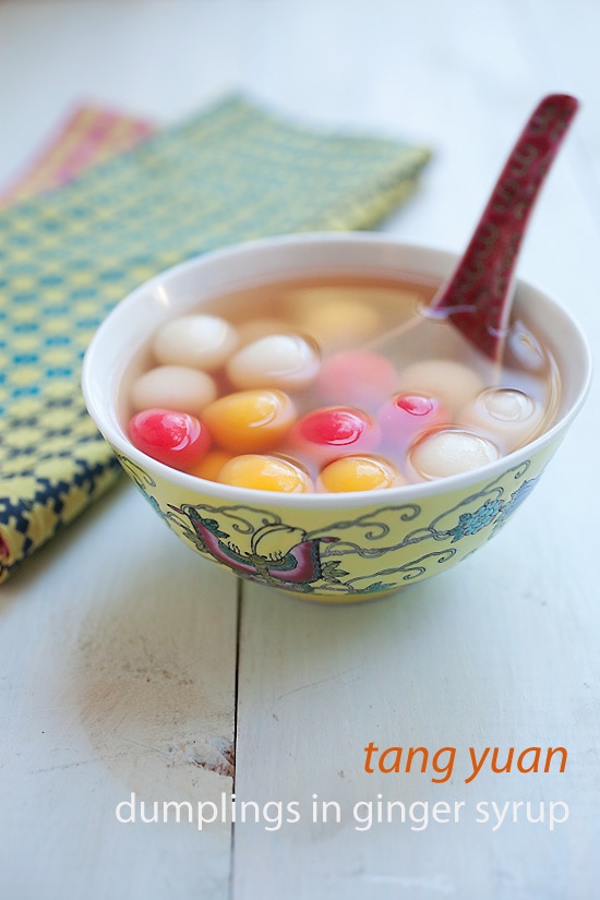 Chinese festive colorful tang yuan in ginger syrup recipe.