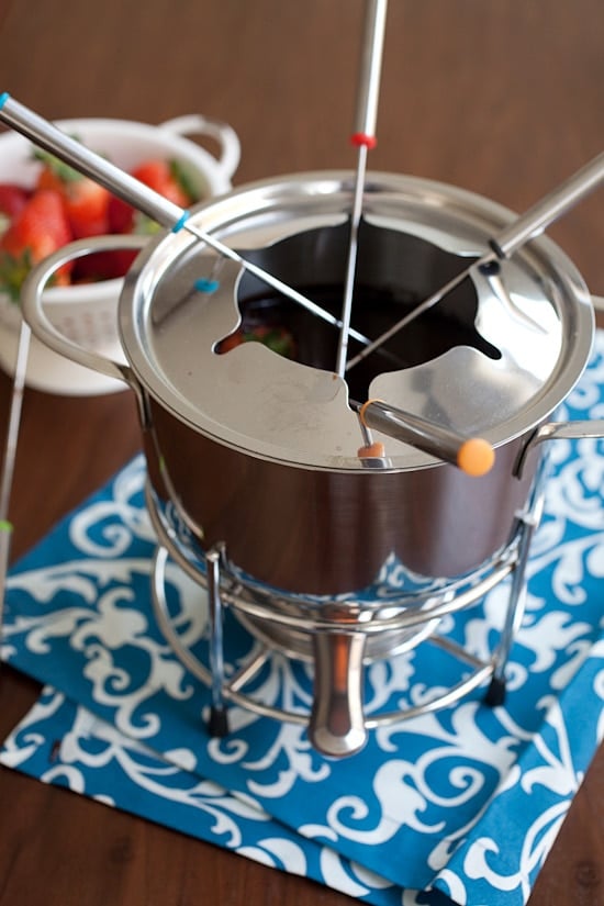 Rich and easy dark chocolate fondue, ready to serve.