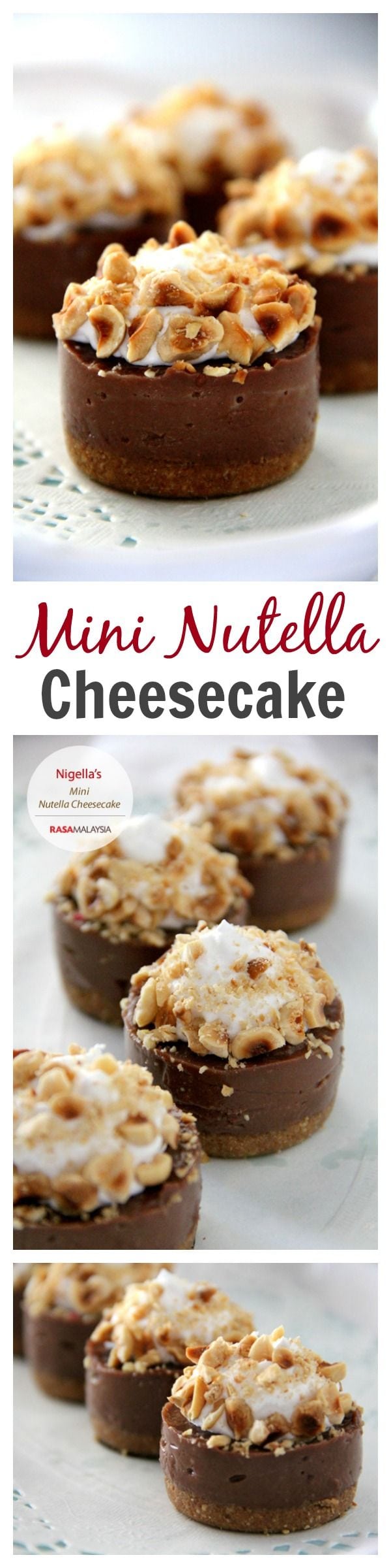 No bake Nutella cheesecake, in mini cupcake size. Loaded with creamy cream cheese and Nutella, topped with whipped cream and toasted hazelnuts | rasamalaysia.com