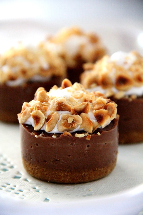 Closed up easy no bake Nutella cheesecake in mini cupcake size topped with crunchy toasted hazelnuts.