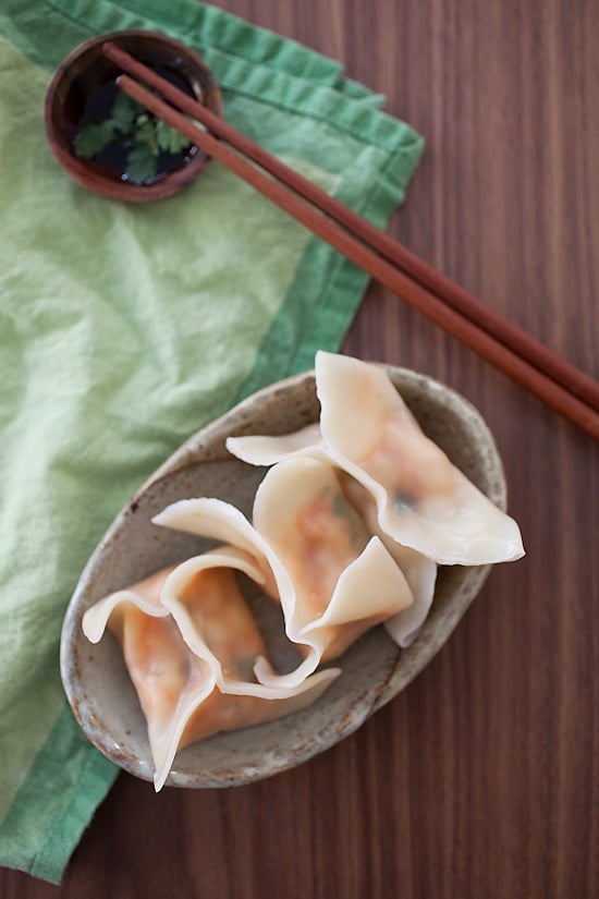 Top down view of Red Curry Shrimp Dumplings.