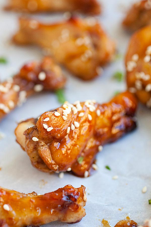 Easy Asian Honey Soy Chicken Wings topped with sesame seeds.