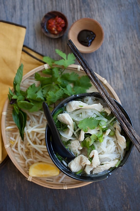 Easy and healthy Vietnamese pho soup made with chicken breasts and served in a bowl.