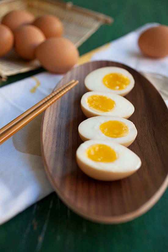 Easy gooey, soft, Japanese ramen eggs cut in half.