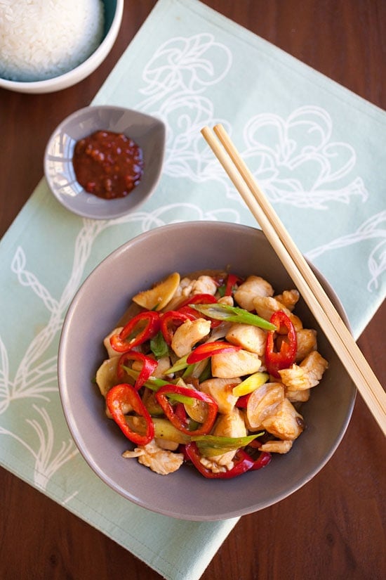 Top down view of Easy chicken stir-fry with spicy bean sauce.