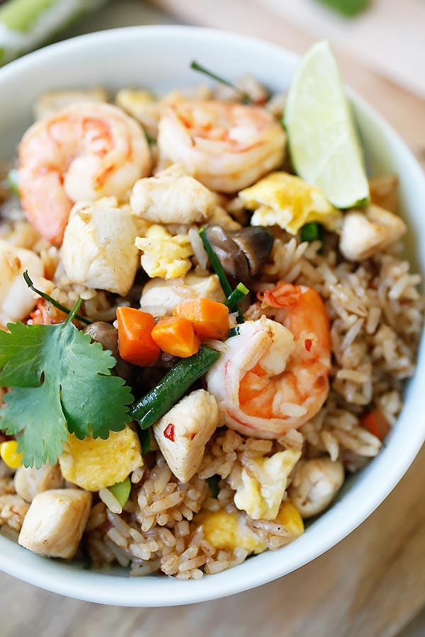 Easy ingredients Thai Tom Yum Fried Rice in a bowl.