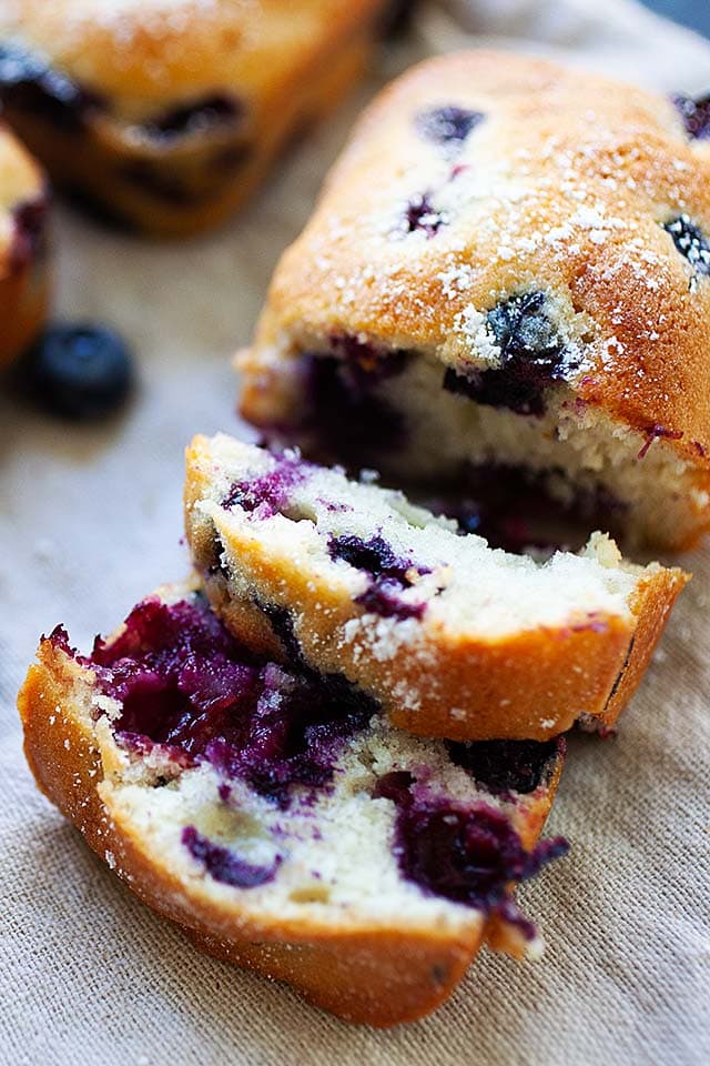 Healthy blueberry cake, sliced into pieces.