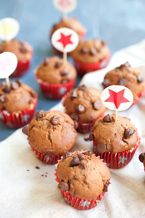 Easy and quick Nigella Lawson's chocolate chocolate chip muffins.