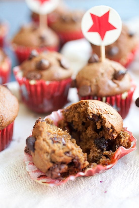 Easy and the best chocolate chocolate chip muffins by Nigella Lawson ready to serve.