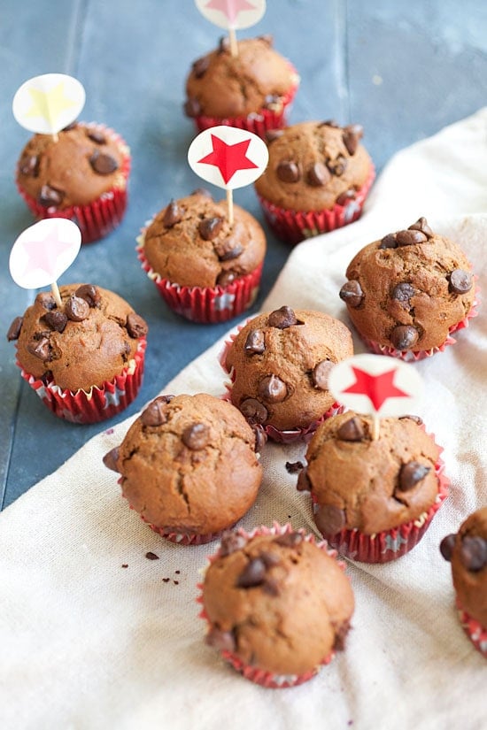 Easy and delicious homemade Nigella Lawson's chocolate chocolate chip muffins.