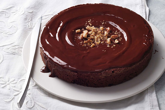 Easy homemade flourless chocolate walnut torte cake, ready to serve.