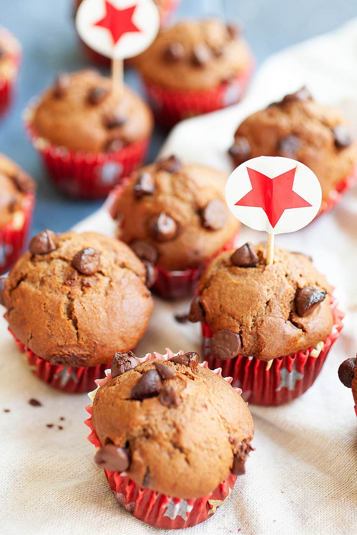 Nigella muffins chocolate chip on a tray. 