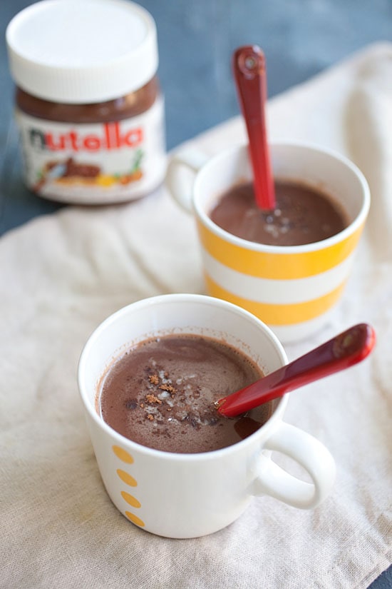 Easy Nutella hot chocolate in two mugs.