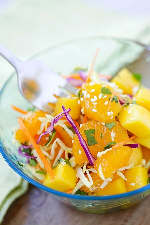 Easy healthy Asian Fruit Slaw in a bowl.