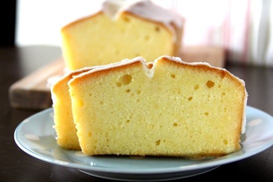 Sliced Meyer lemon pound cake with lemon sugar glaze.