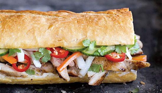 Easy and quick Vietnamese grilled chicken sandwich filled with chicken and herbs.