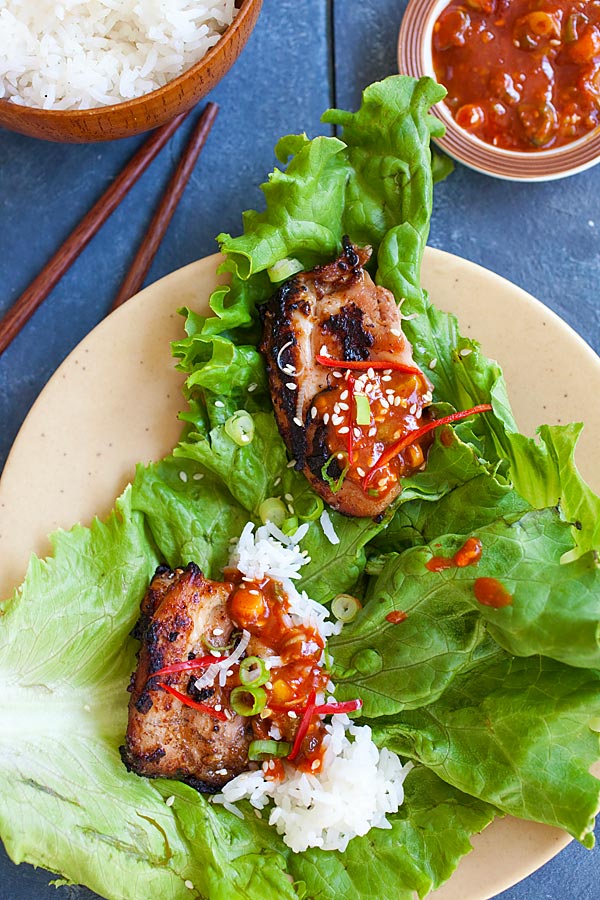 Easy and delicious authentic Korean BBQ Chicken (Dak Gogi) with lettuce leaves and steamed rice.