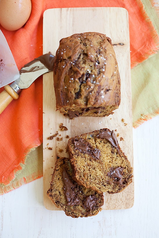 Top down view of Nutella Banana Bread on a chopping board.