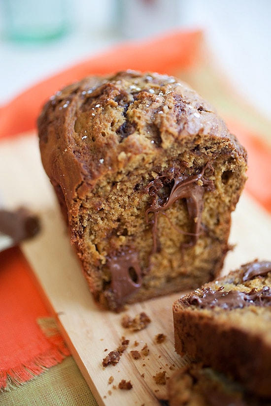 Easy and healthy homemade Nutella banana bread loaf sliced in pieces.