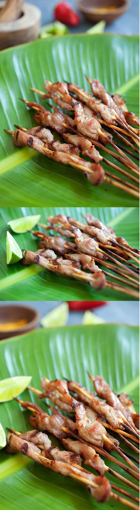 Thai pork satay with sweet coconut milk glaze - easy and delicious pork satay marinated with Thai spices and coconut milk | rasamalaysia.com