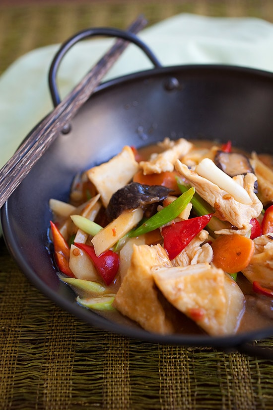 Easy Sichuan homestyle tofu recipe (家常豆腐) in a skillet.
